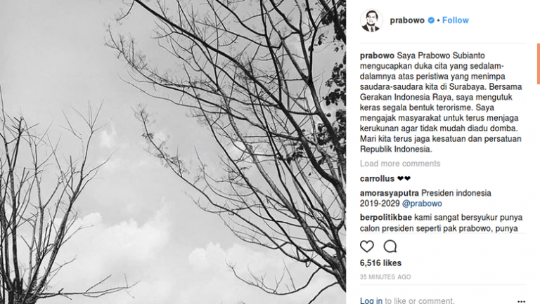 Prabowo Mengutuk Keras Aksi Terorisme di Surabaya