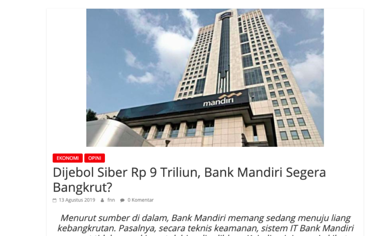 Bank Mandiri Polisikan Pembuat Informasi Hoaks Serangan Siber dan Kebangkrutan