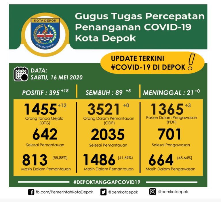 Update Corona 16 Mei: Pasien Positif dan Sembuh di Depok Bertambah