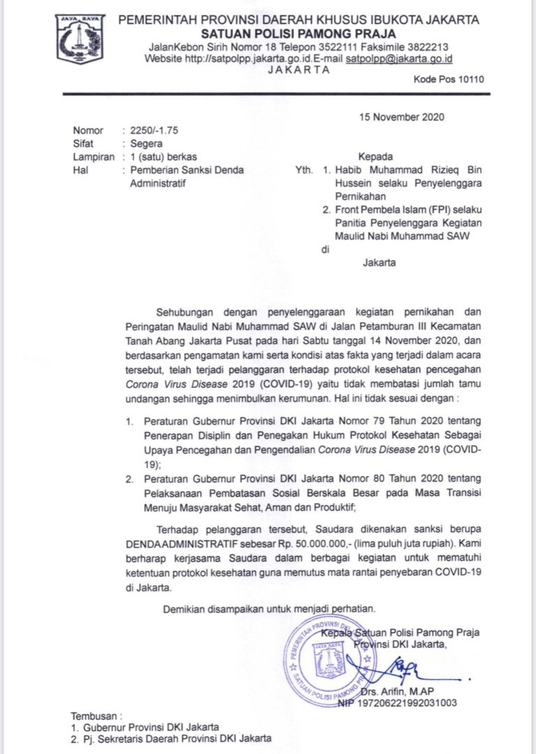 Pemprov DKI Berikan Denda Rp50 Juta ke Rizieq Shihab dan FPI